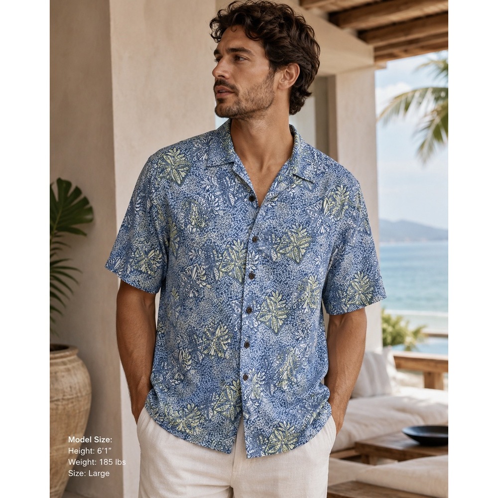 Tommy Bahama Mens Large Blue Green 100% Silk Tropical Floral Camp Shirt